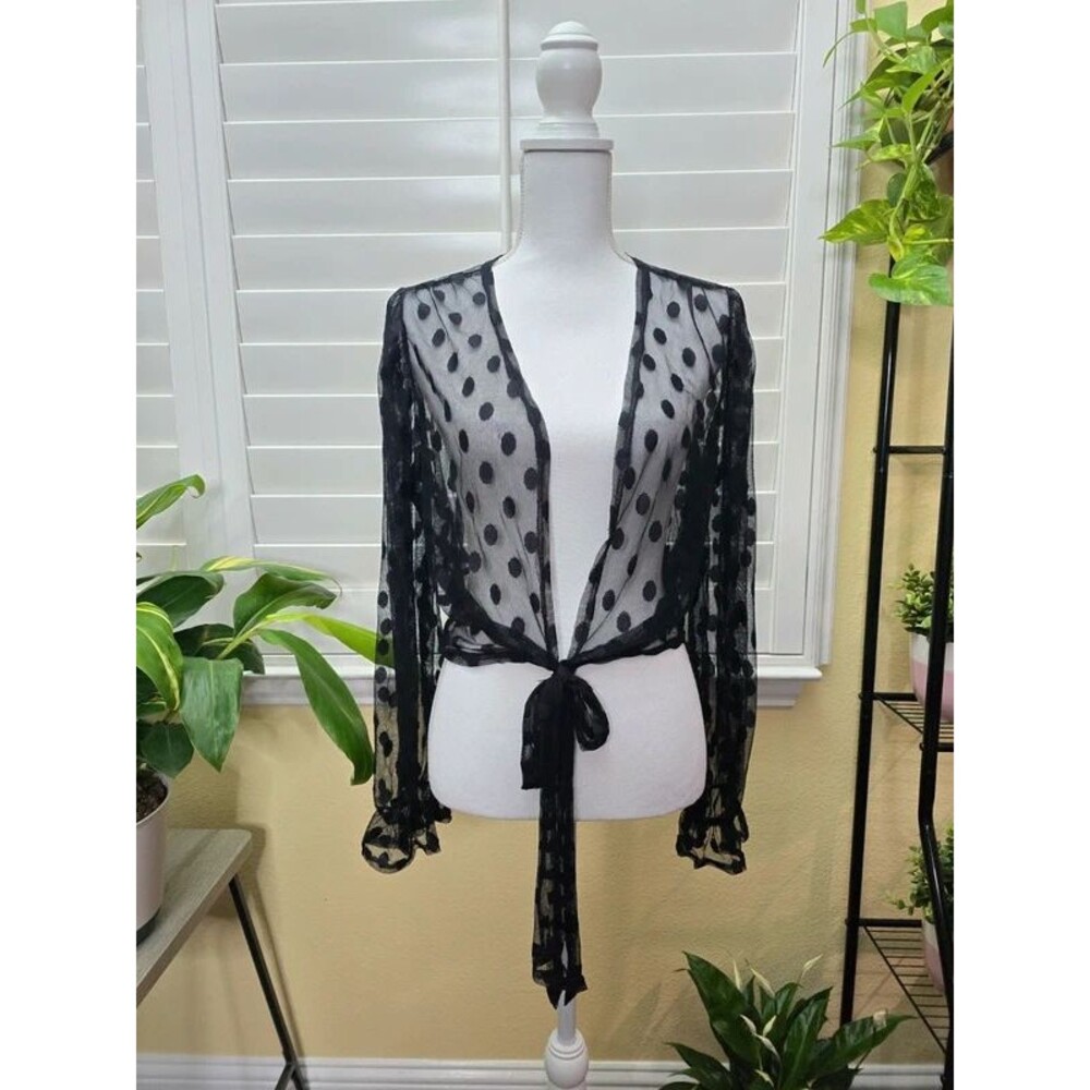 Black mesh Polka Dot tie front Sheer top size Medium